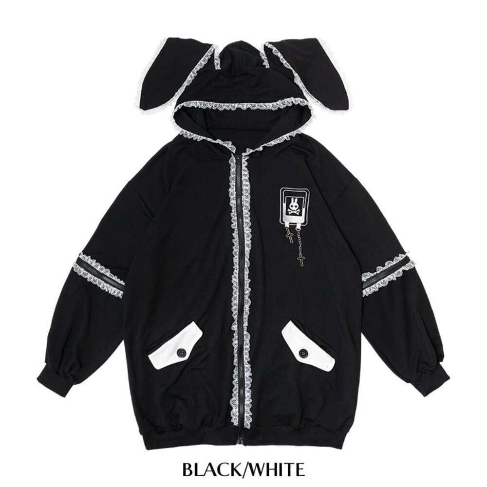 NEW ACDC RAG Bunny Dolls Punky Bunny Usamimi Black White Oversized Zip Hoodie